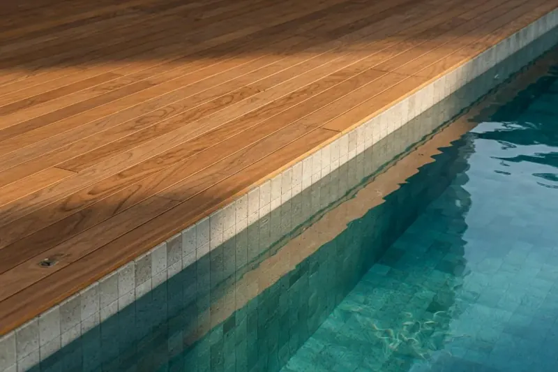 Detalhe da borda da piscina revestida em pedra com deck de madeira