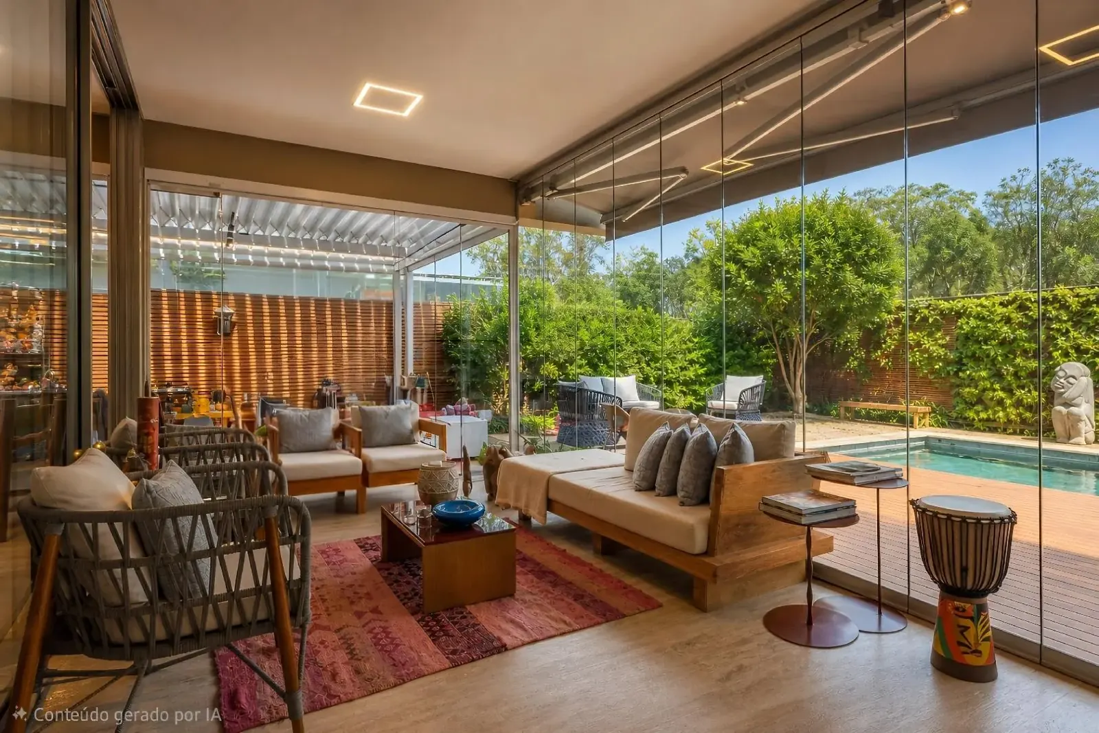 Varanda envidraçada com estar e mesa, integrada à piscina e ao jardim